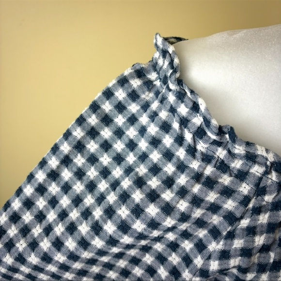 MADEWELL Navy /White Checkered Off The Shoulder Peasant Cropped Ruffle Top (L) - Picture 11 of 15